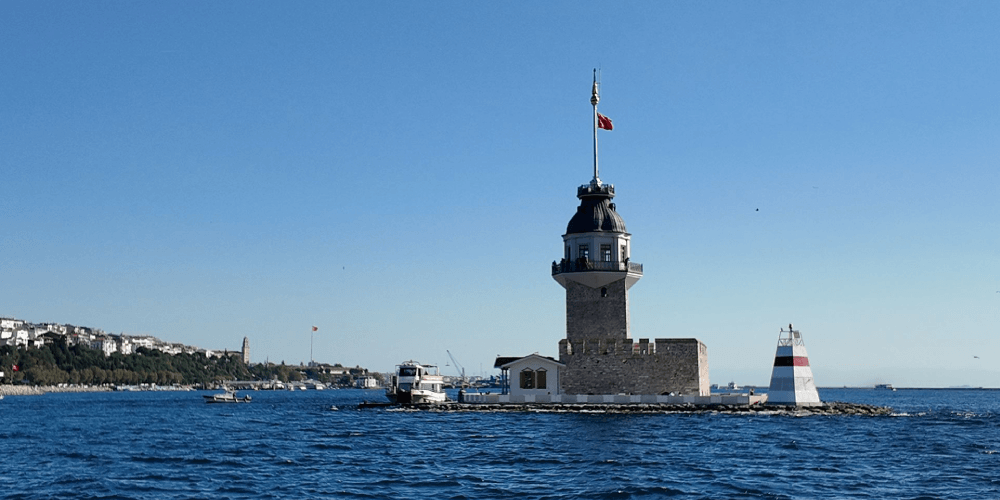Scenic view of Istanbul skyline from Bosphorus cruise during morning boat tour