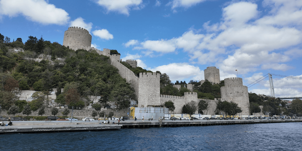 Scenic view of Istanbul skyline from Bosphorus cruise during morning boat tour