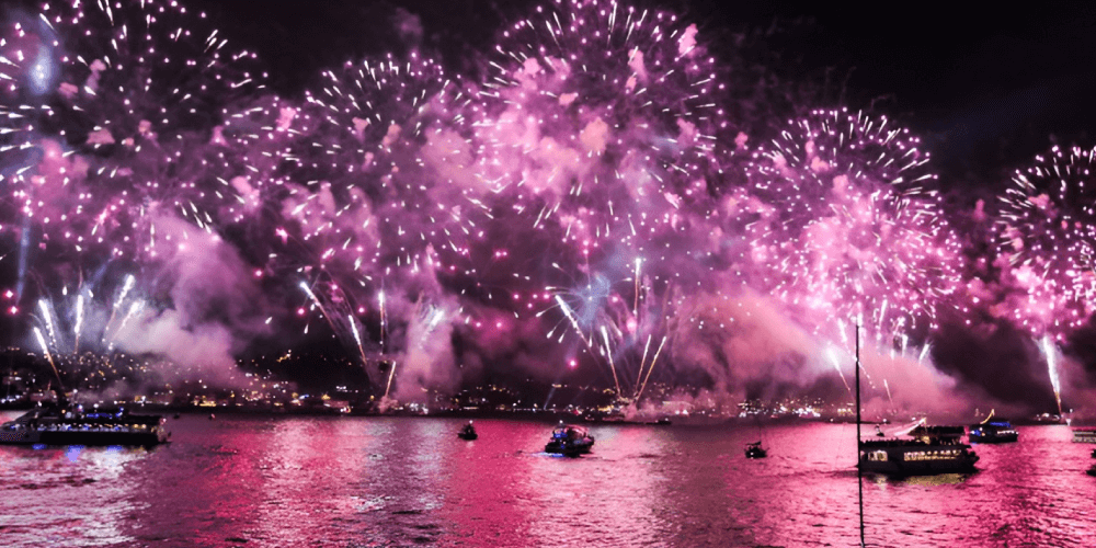Spectacular fireworks over the Bosphorus Bridge during New Year’s Eve dinner cruise in Istanbul