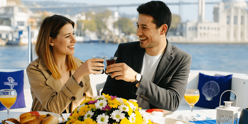 Guests enjoying lunch on a private Bosphorus cruise with hotel pickup